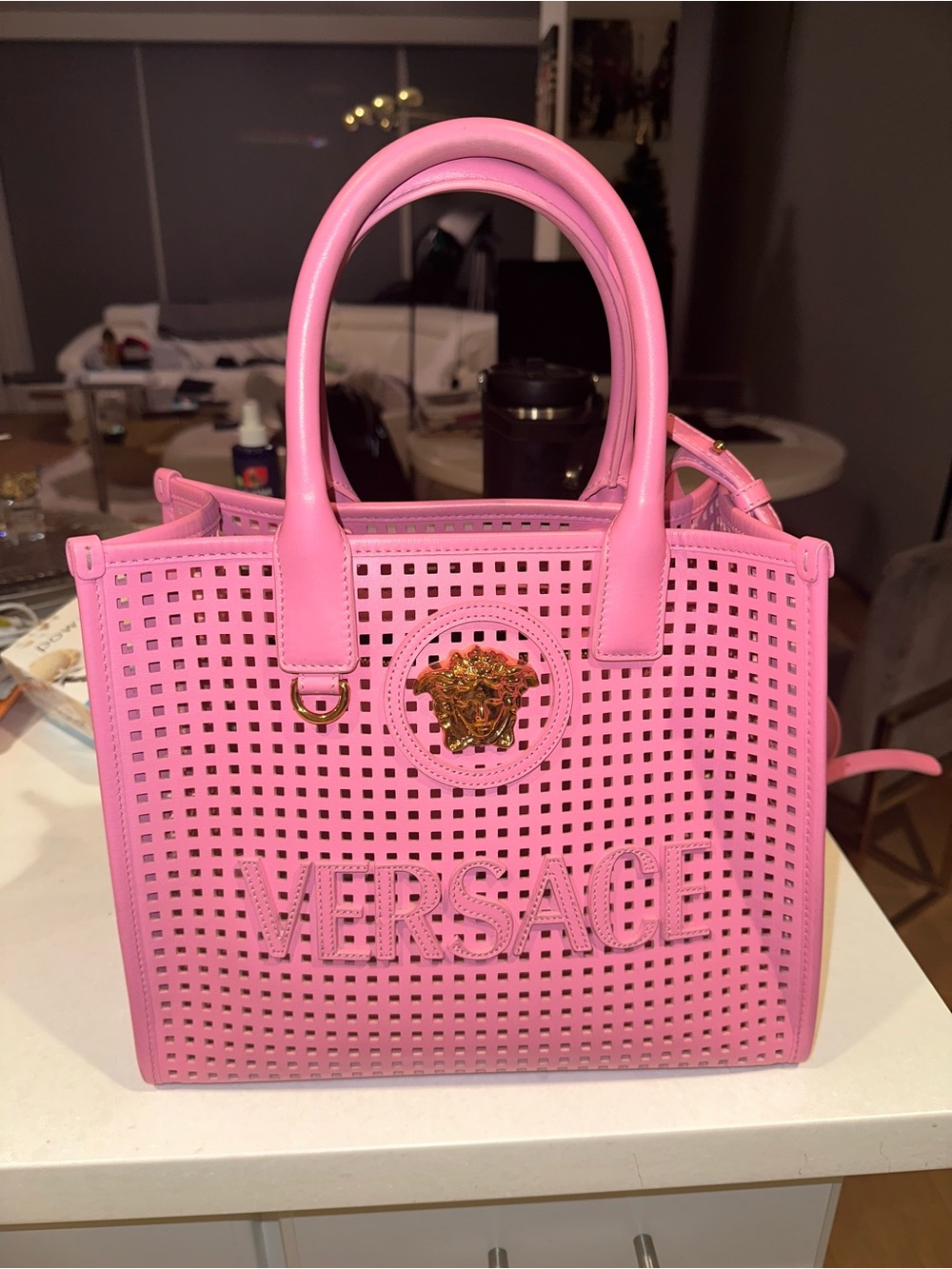 Versace Pink Perforated Tote with Gold Medusa Logo
